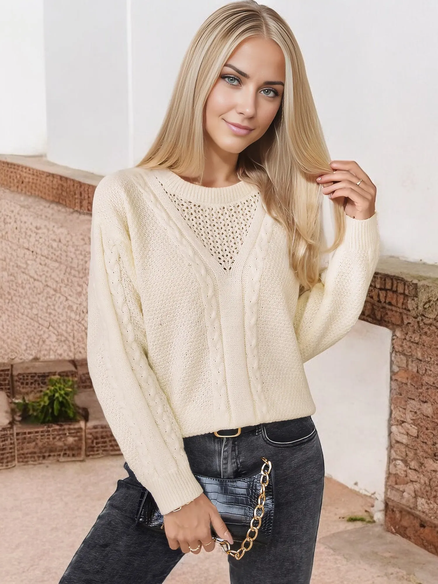 Anna-Kaci Women's Cable Knit Sweater with Crochet Detail and Long Sleeves