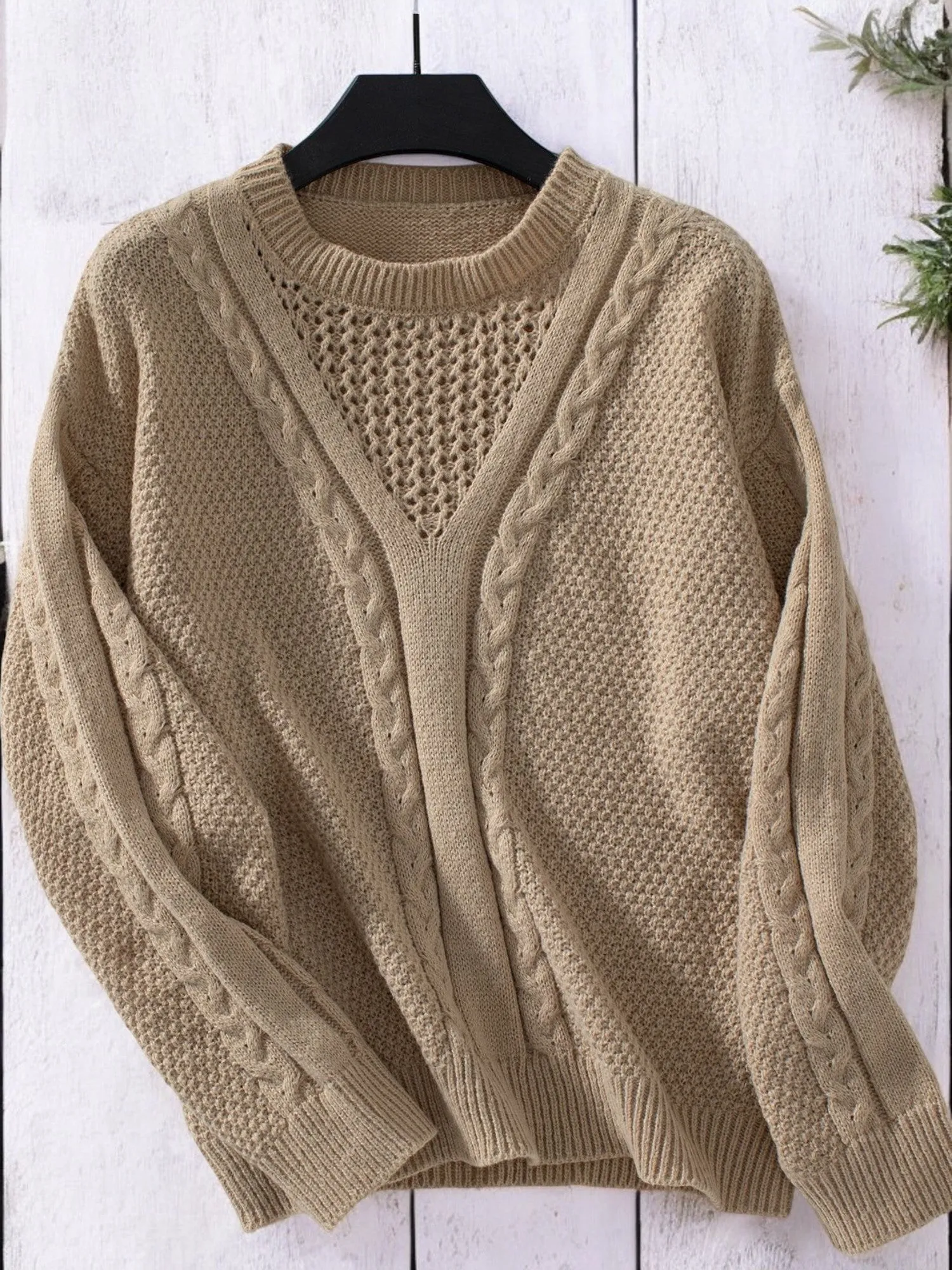 Anna-Kaci Women's Cable Knit Sweater with Crochet Detail and Long Sleeves