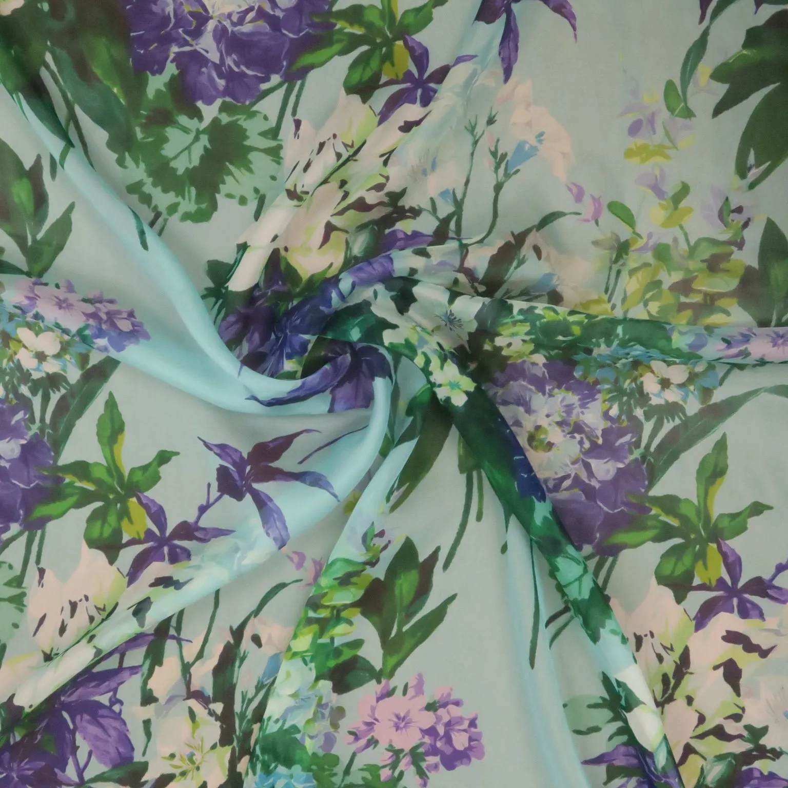 Aqua Blue and Green Florals Printed Silk Chiffon Fabric