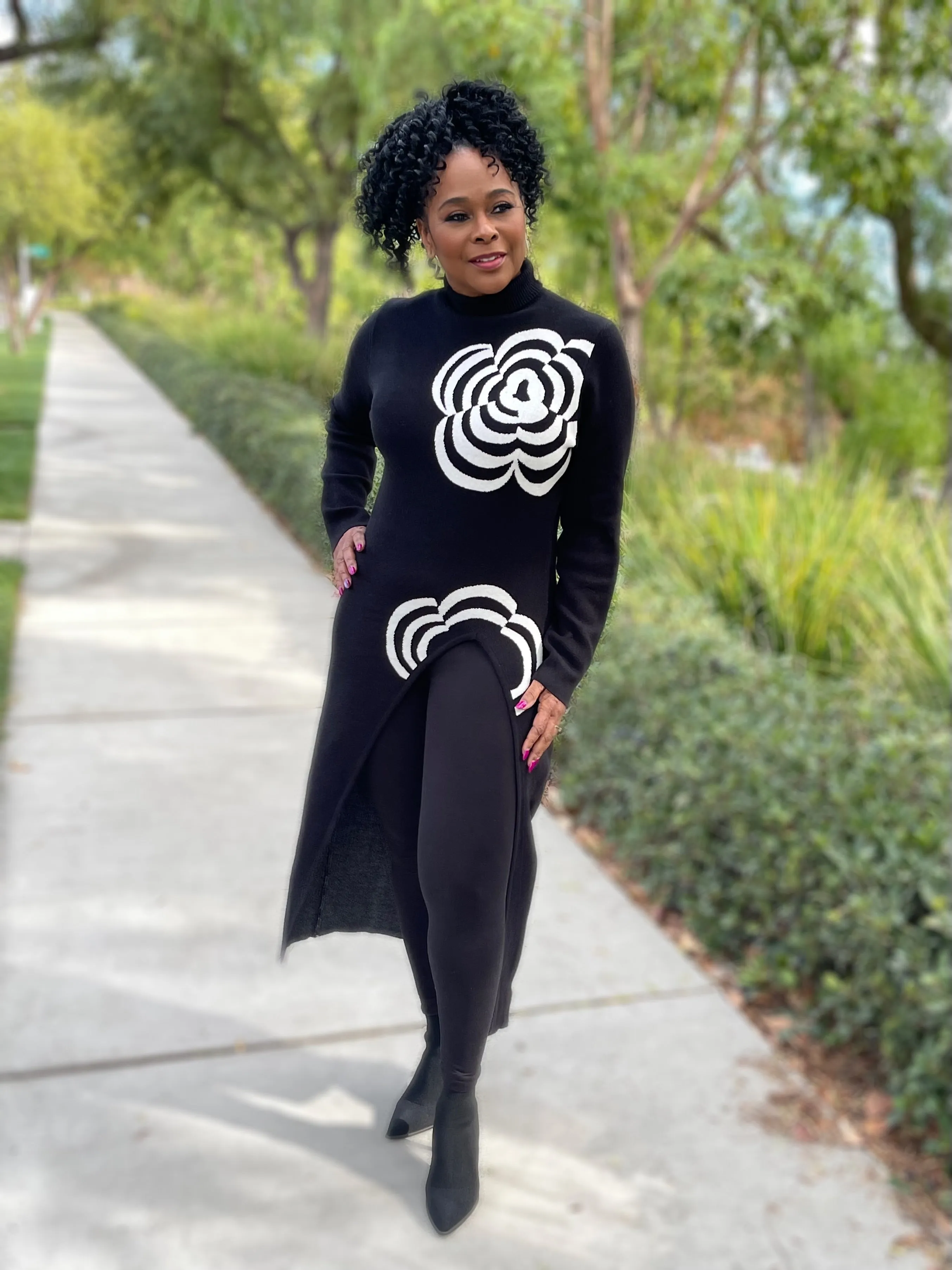 Asymmetric Turtleneck Long Floral Sweater