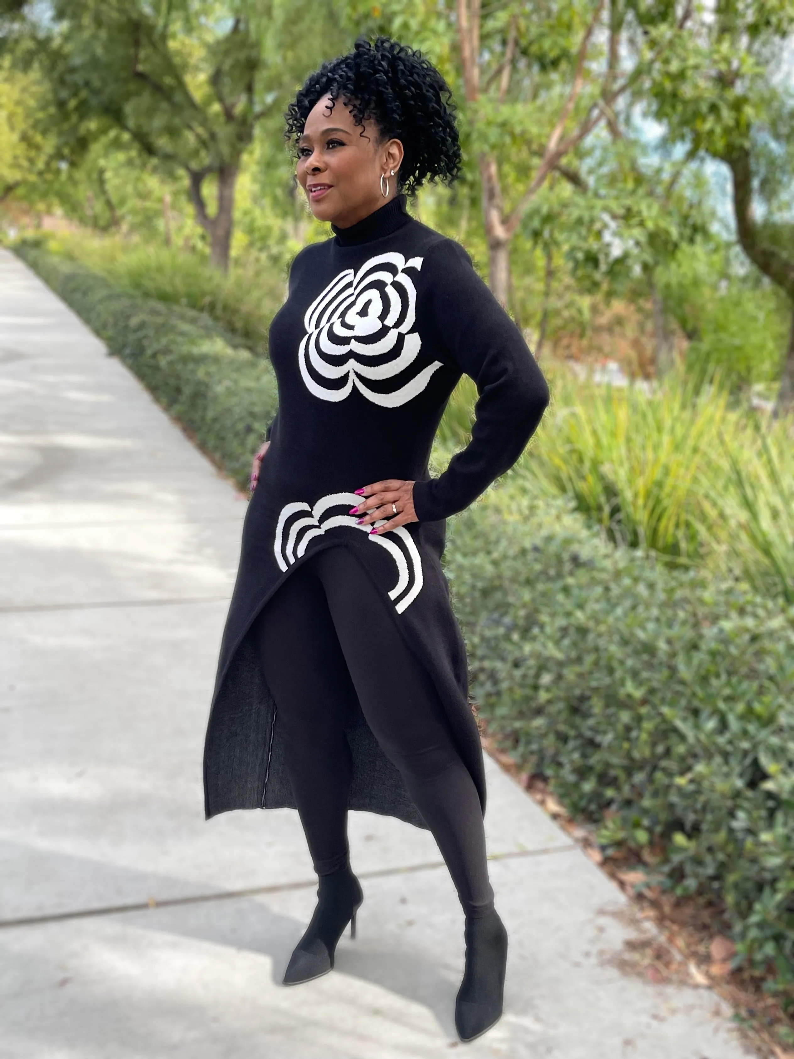 Asymmetric Turtleneck Long Floral Sweater