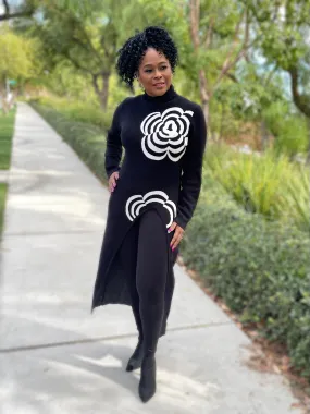 Asymmetric Turtleneck Long Floral Sweater