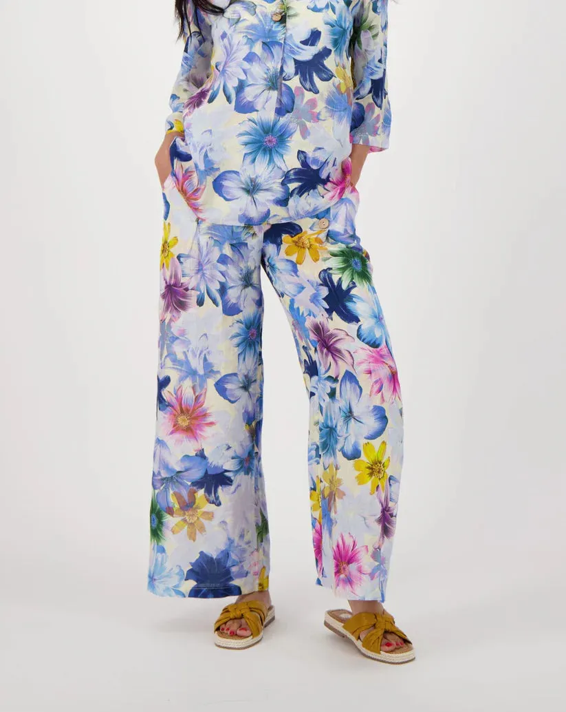 Beautiful Blue Floral Print Linen Wide Leg Pant