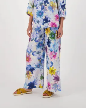 Beautiful Blue Floral Print Linen Wide Leg Pant