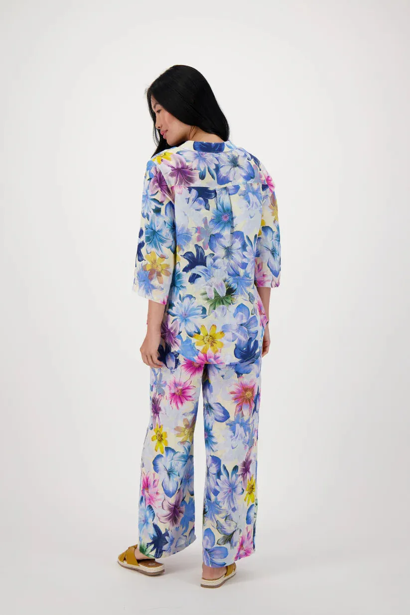 Beautiful Blue Floral Print Linen Wide Leg Pant