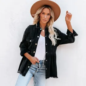 BerriesJam - Casual Long Sleeve Black Burrs Denim Jacket