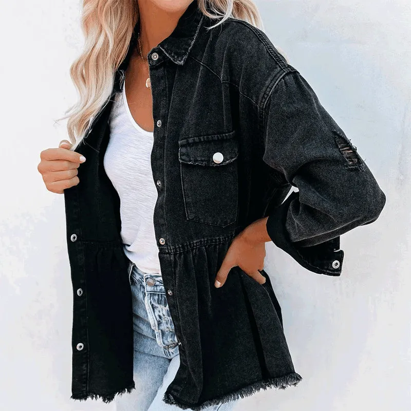 BerriesJam - Casual Long Sleeve Black Burrs Denim Jacket