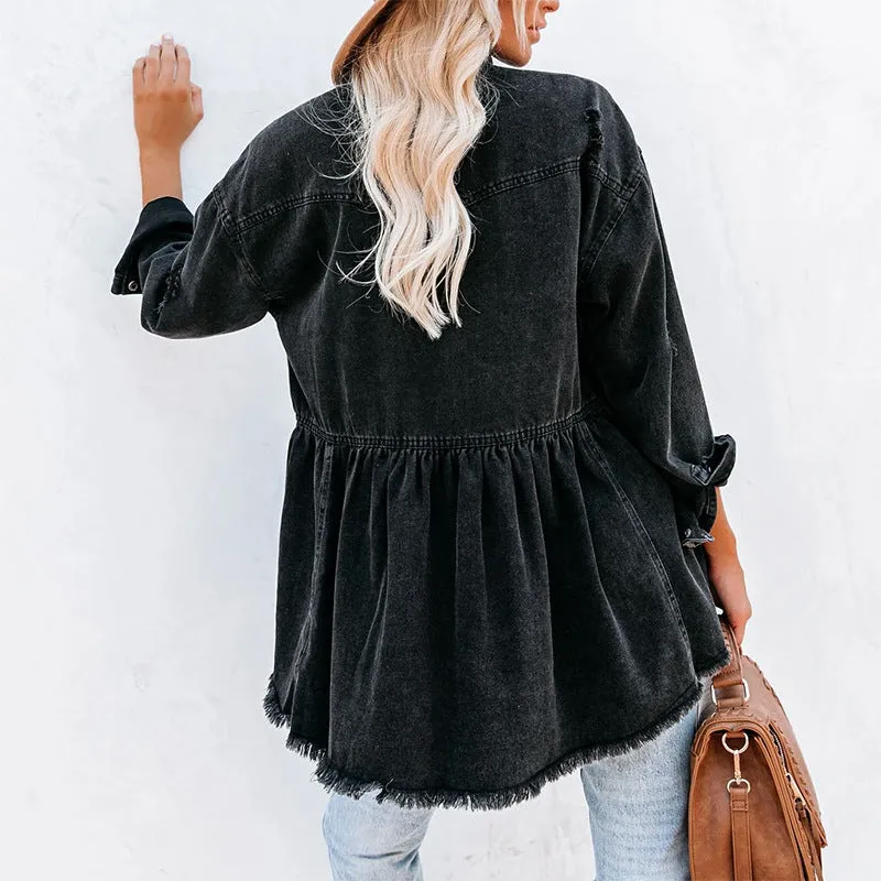 BerriesJam - Casual Long Sleeve Black Burrs Denim Jacket