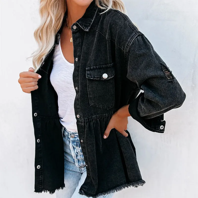 BerriesJam - Casual Long Sleeve Black Burrs Denim Jacket