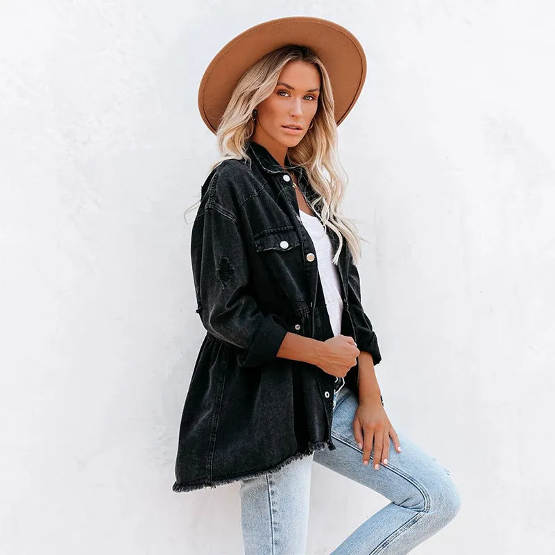 BerriesJam - Casual Long Sleeve Black Burrs Denim Jacket