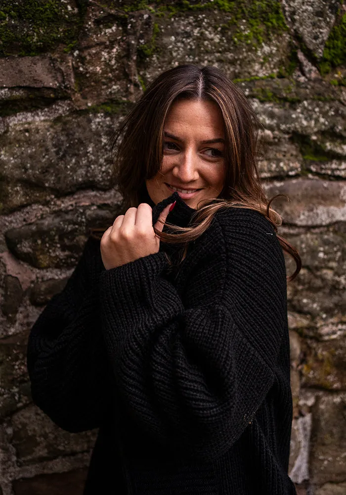 Black Long Line Ribbed Knitted Cardigan