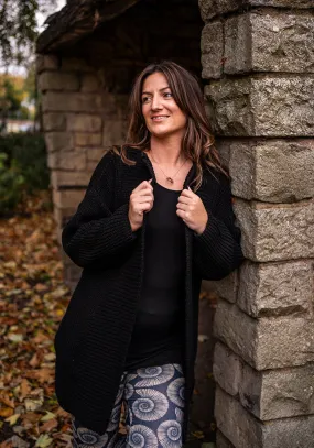 Black Long Line Ribbed Knitted Cardigan