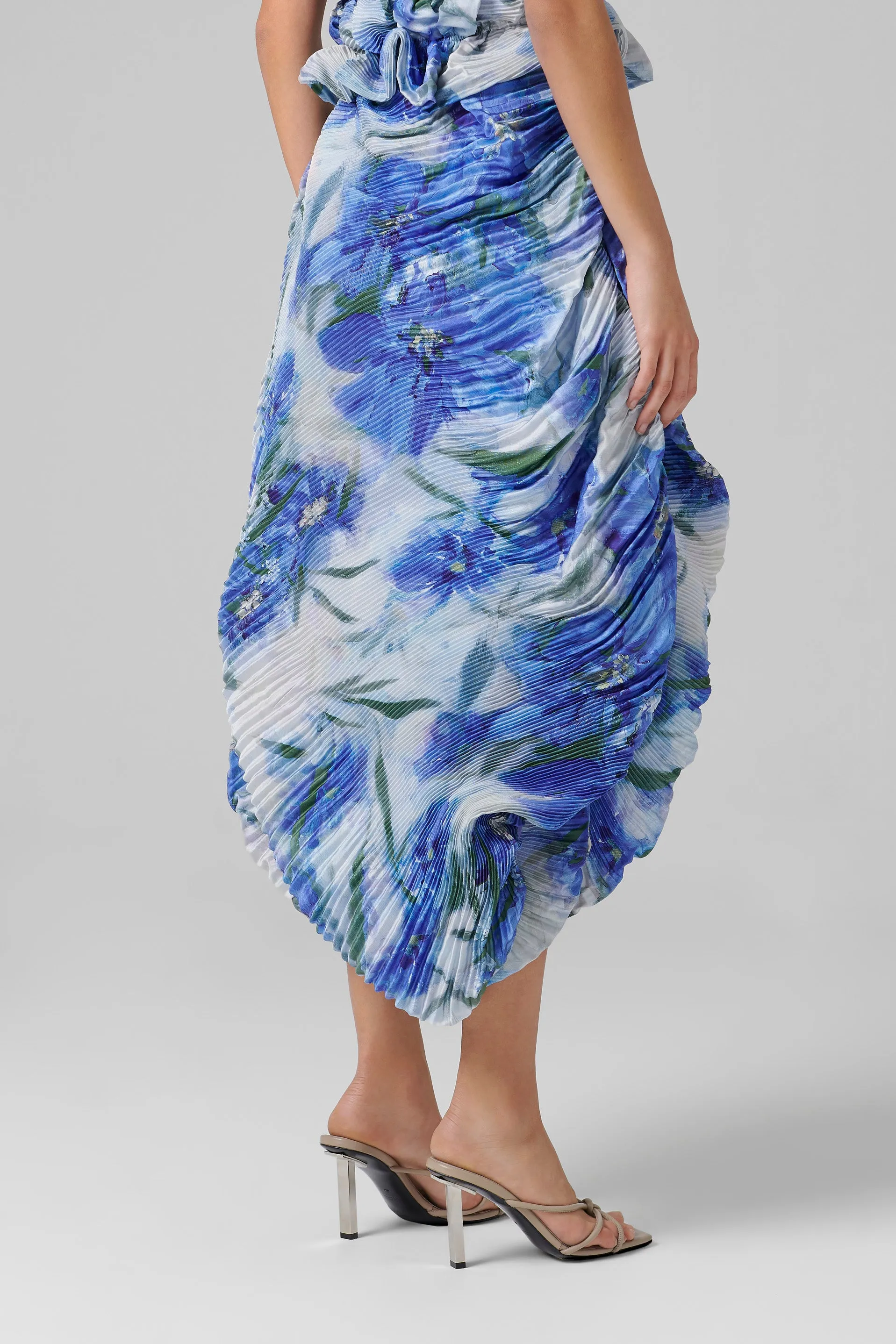 Blue Print Seashell Pleated Midi Skirt