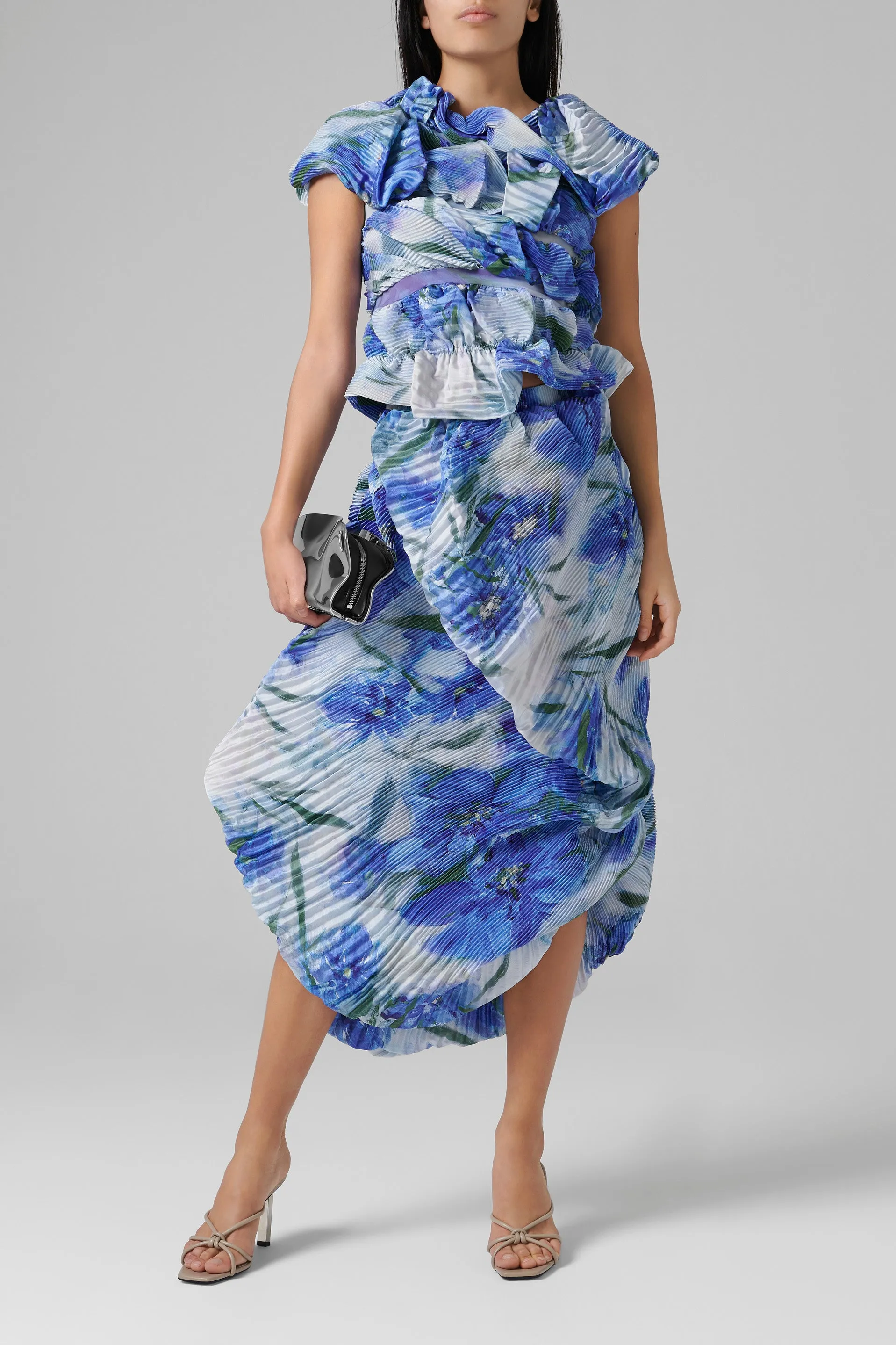 Blue Print Seashell Pleated Midi Skirt