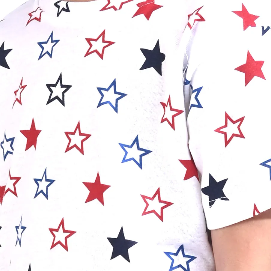 Boys Cotton Jersey Knitted Night Suit Multi Star-White