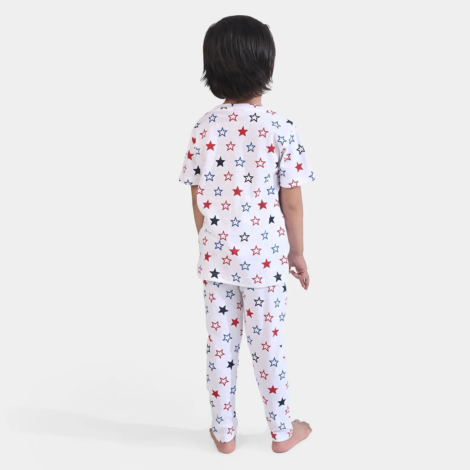 Boys Cotton Jersey Knitted Night Suit Multi Star-White