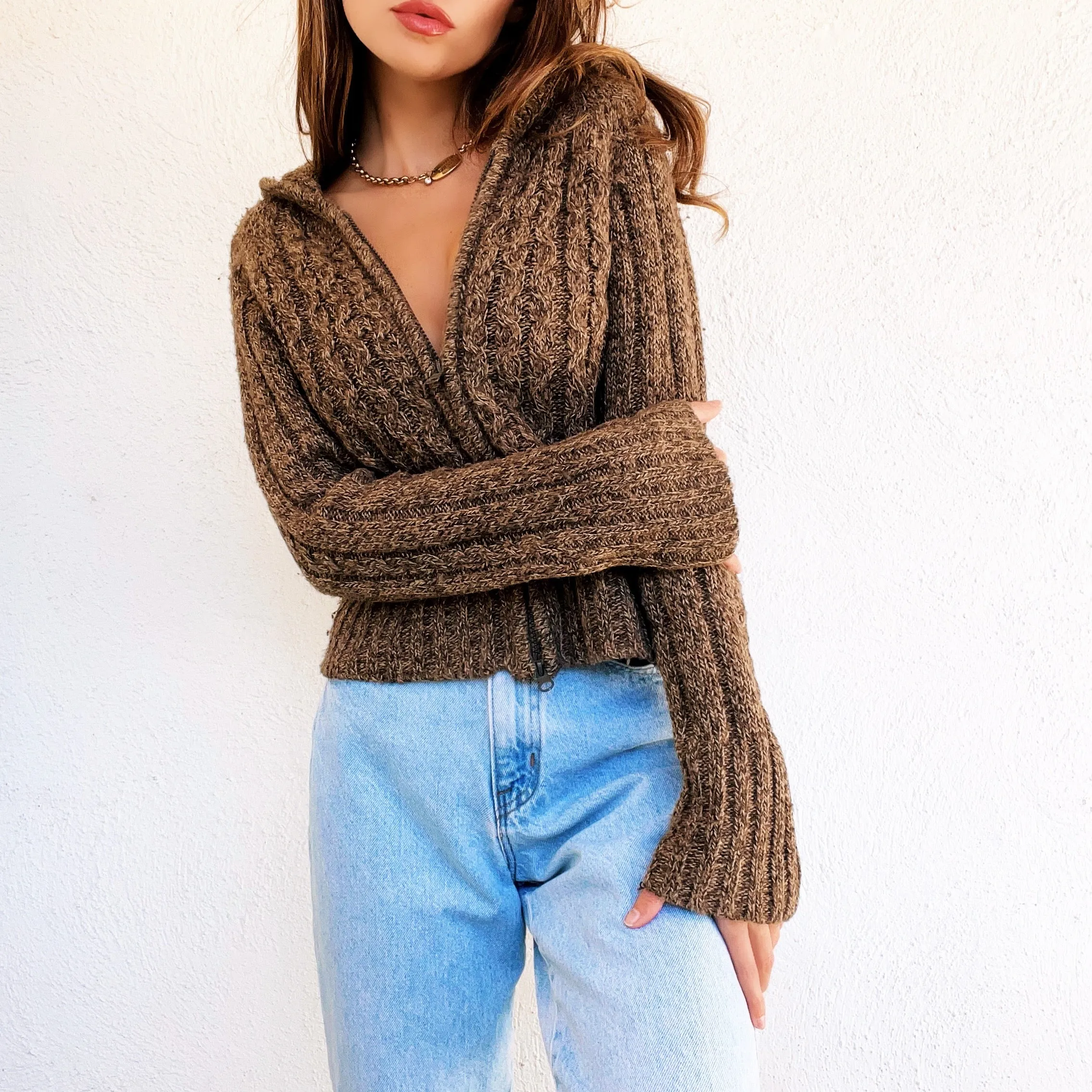 Brown Knit Double Zip Hoodie