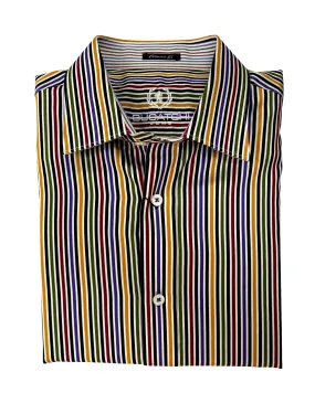 Bugatchi Camel & Burgundy Multi Stripe Spread Collar Sport Shirt
