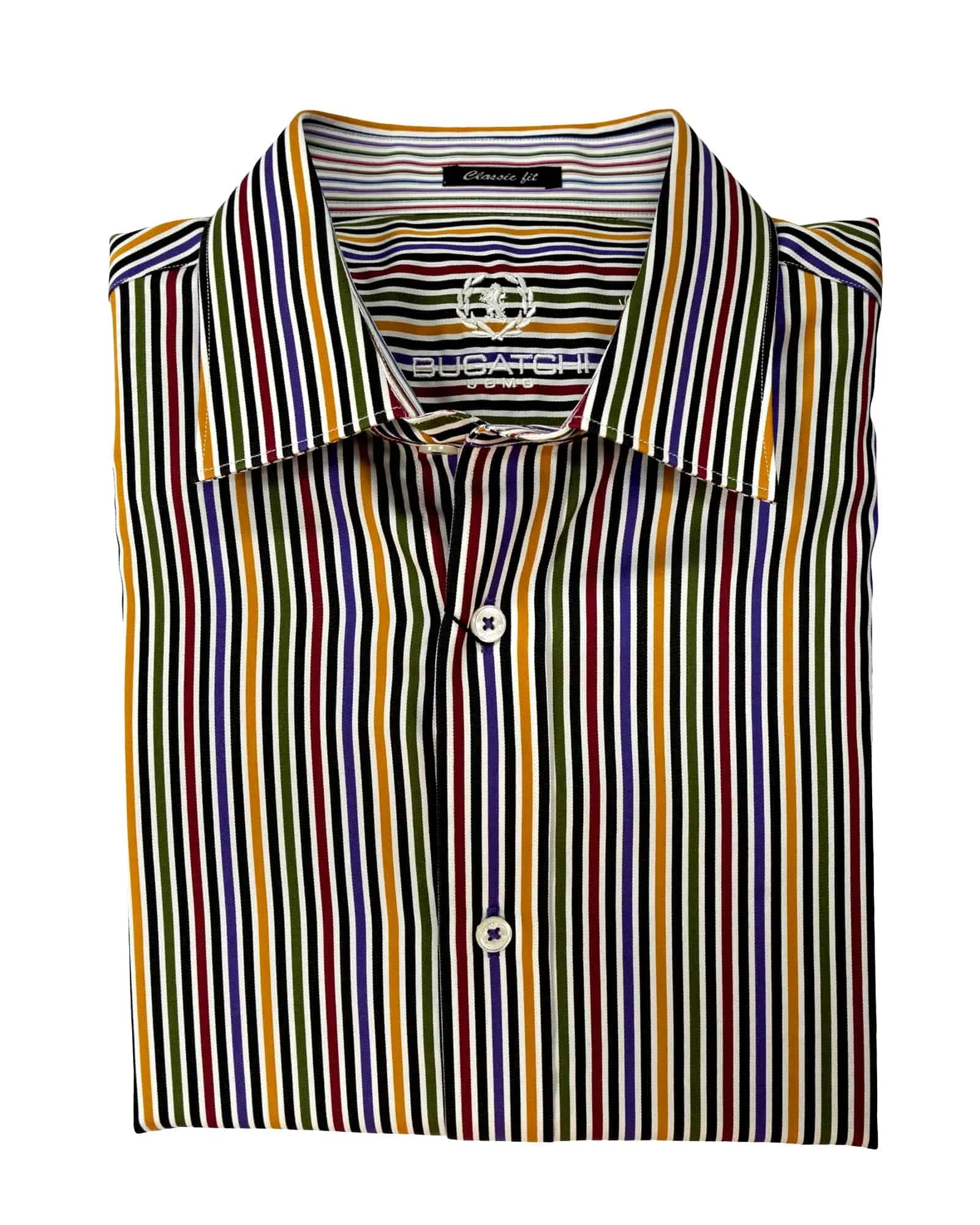 Bugatchi Camel & Burgundy Multi Stripe Spread Collar Sport Shirt