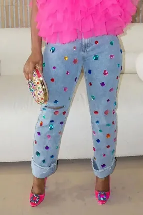 Casual Blue Denim Rhinestone Ripped Jeans