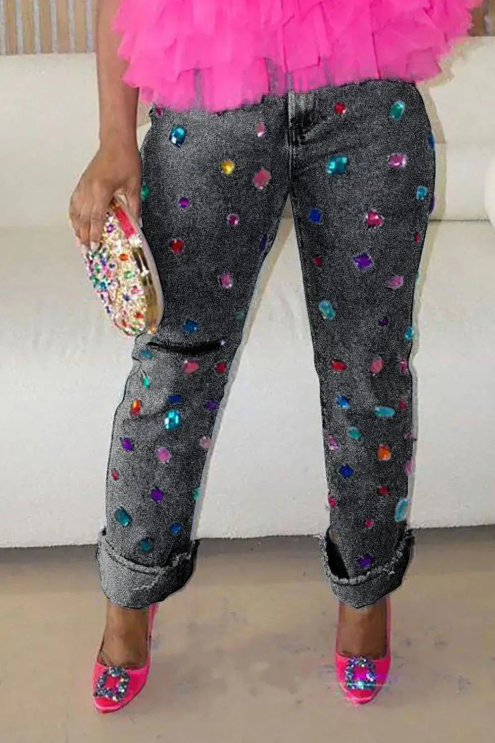 Casual Blue Denim Rhinestone Ripped Jeans
