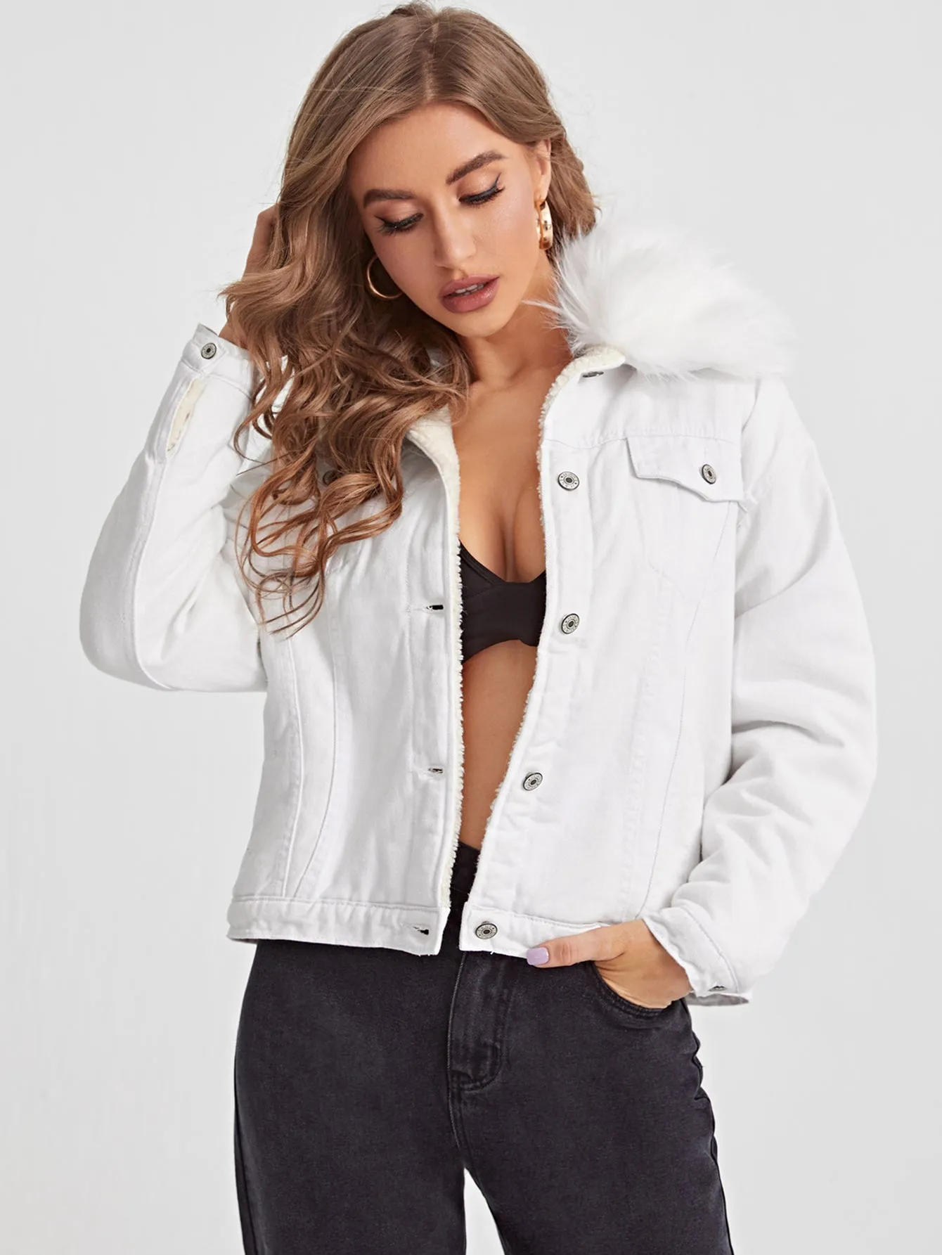 Casual Plain Button Long Sleeve Collar Regular Women Denim Jacket & Coat