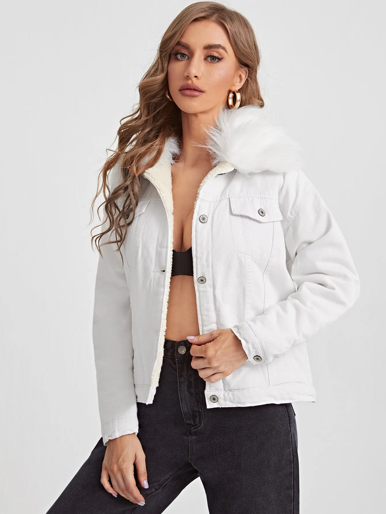 Casual Plain Button Long Sleeve Collar Regular Women Denim Jacket & Coat