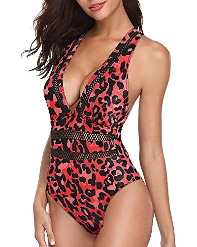 Comfy Padded Push Up Bra Criss-Cross Back One Piece Swimsuits-Red Leopard