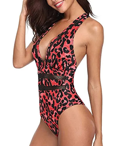 Comfy Padded Push Up Bra Criss-Cross Back One Piece Swimsuits-Red Leopard