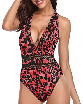 Comfy Padded Push Up Bra Criss-Cross Back One Piece Swimsuits-Red Leopard