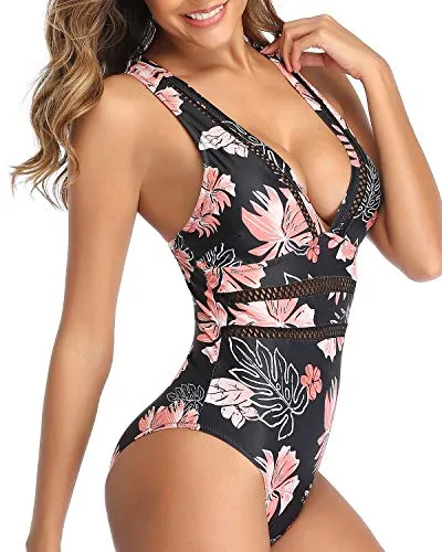 Comfy Wide Shoulder Strap Padded Long Torso Swimsuit-Black Orange Floral
