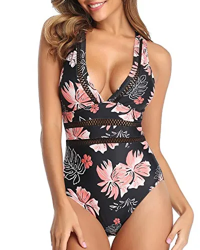 Comfy Wide Shoulder Strap Padded Long Torso Swimsuit-Black Orange Floral