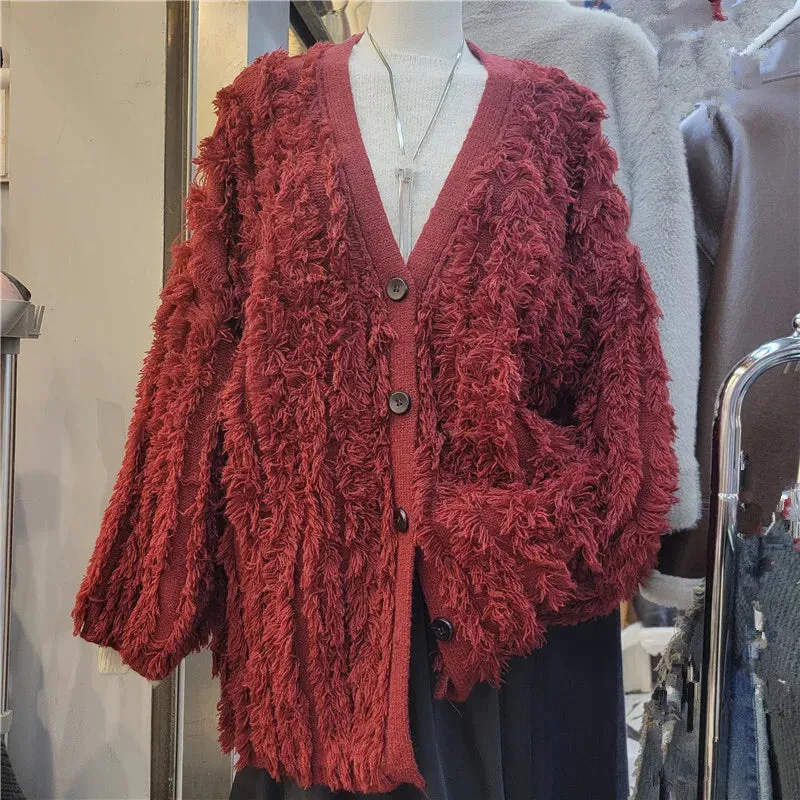 Crystal V-neck Tassel Loose Cardigan