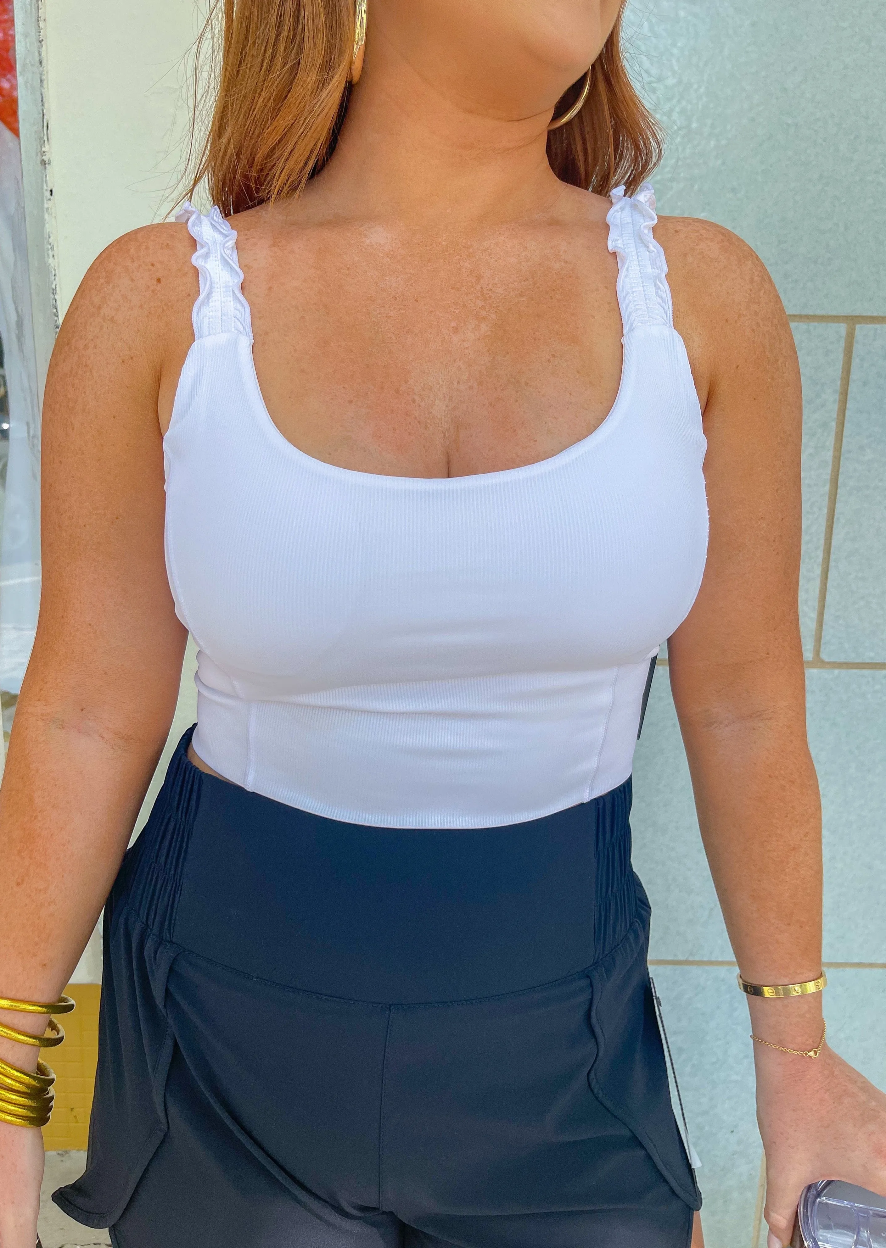 Dainty Ribbed Ruffle Strap Top- White