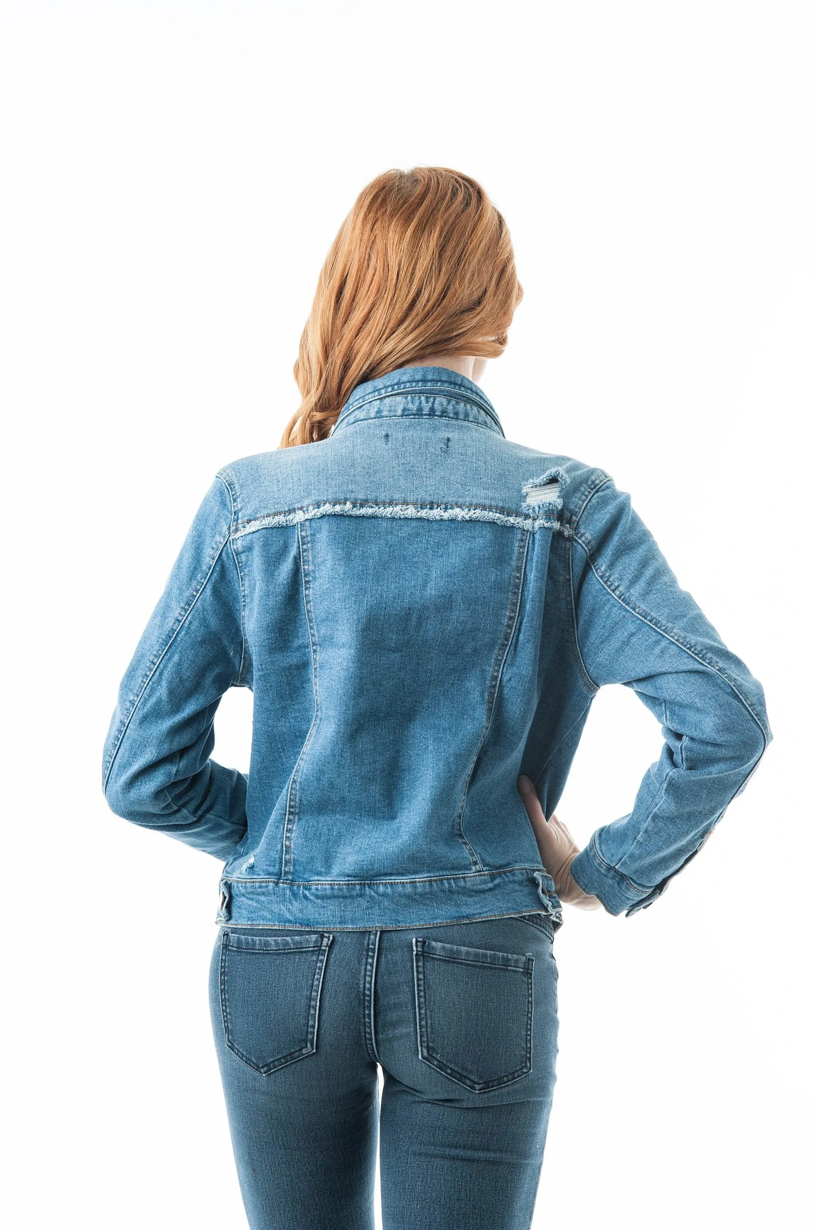 Denim Jean Distressed Top Fray Panel Front Pockets Jacket