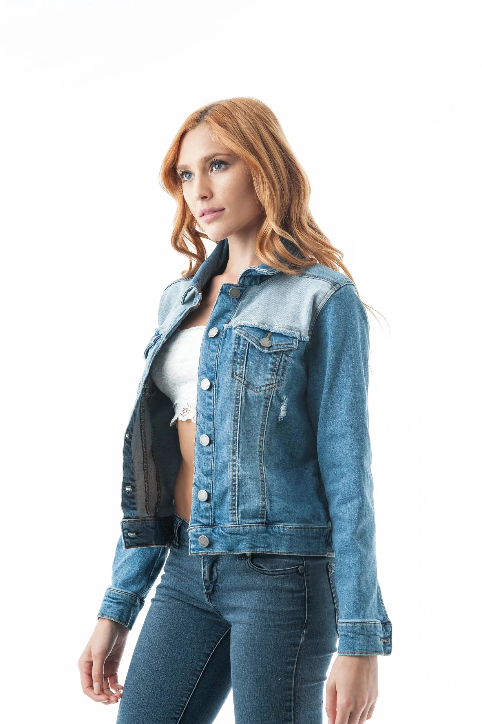 Denim Jean Distressed Top Fray Panel Front Pockets Jacket