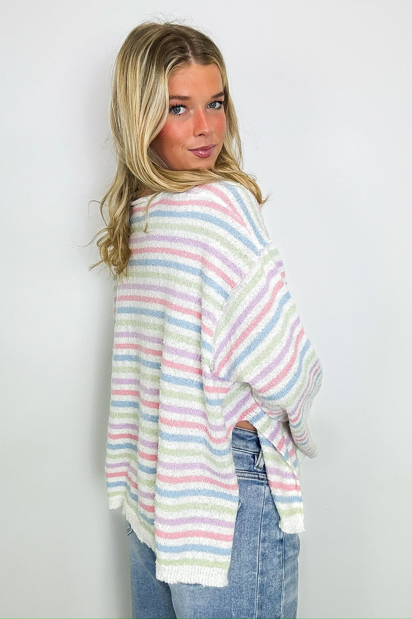Dreamscape Striped Raw Edge Knit Sweater