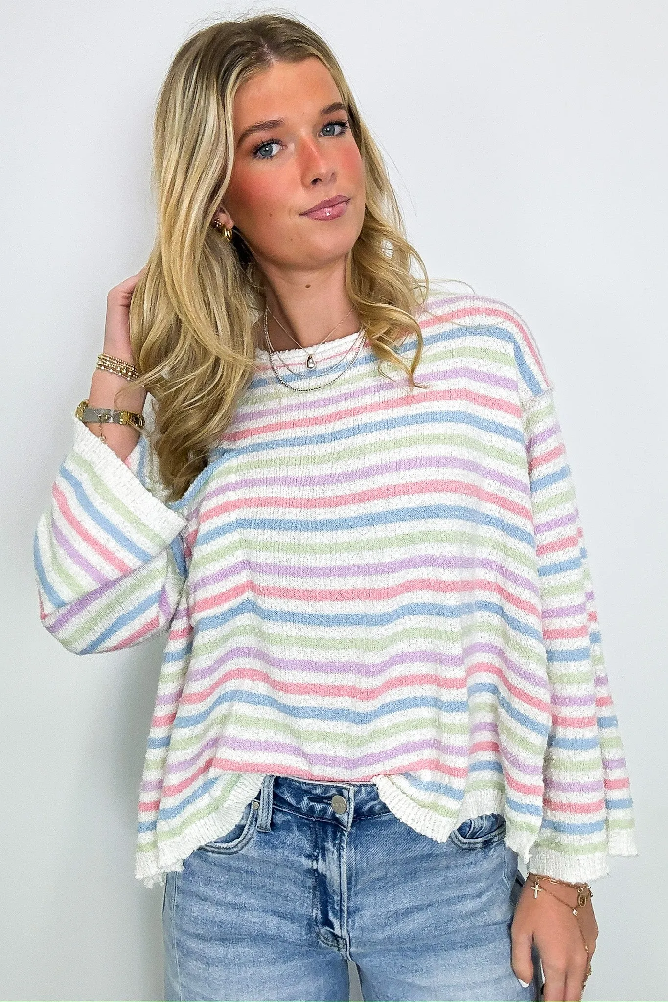 Dreamscape Striped Raw Edge Knit Sweater