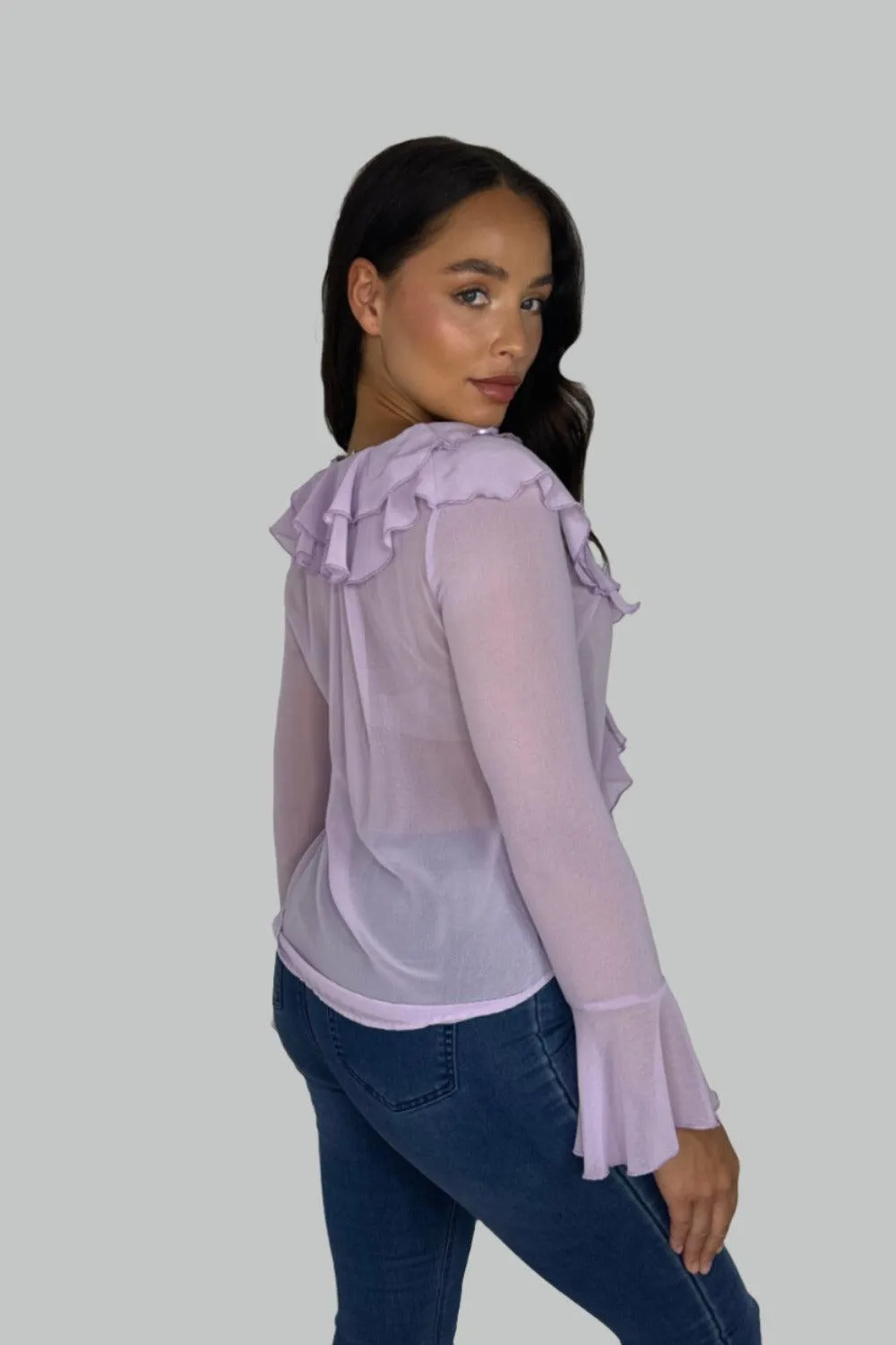 Elegant Frill Detail Low Cut Bell Sleeve Sheer Blouse