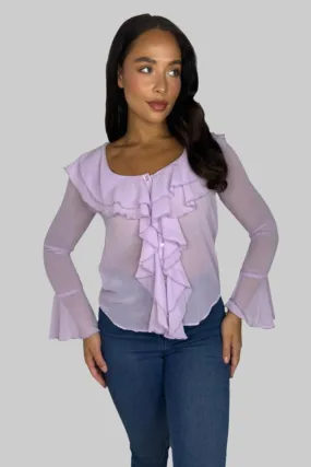 Elegant Frill Detail Low Cut Bell Sleeve Sheer Blouse
