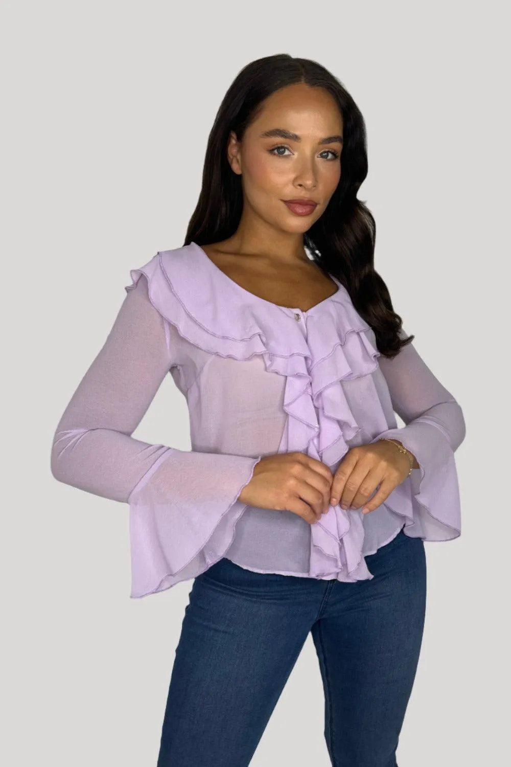 Elegant Frill Detail Low Cut Bell Sleeve Sheer Blouse