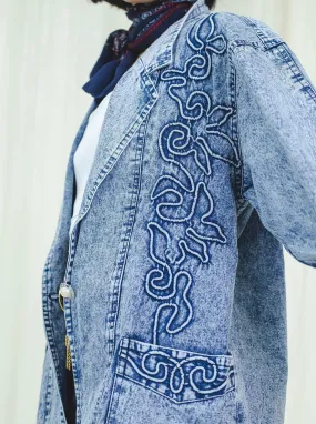 Embroidered Collared neck denim vintage jacket with patch pocket