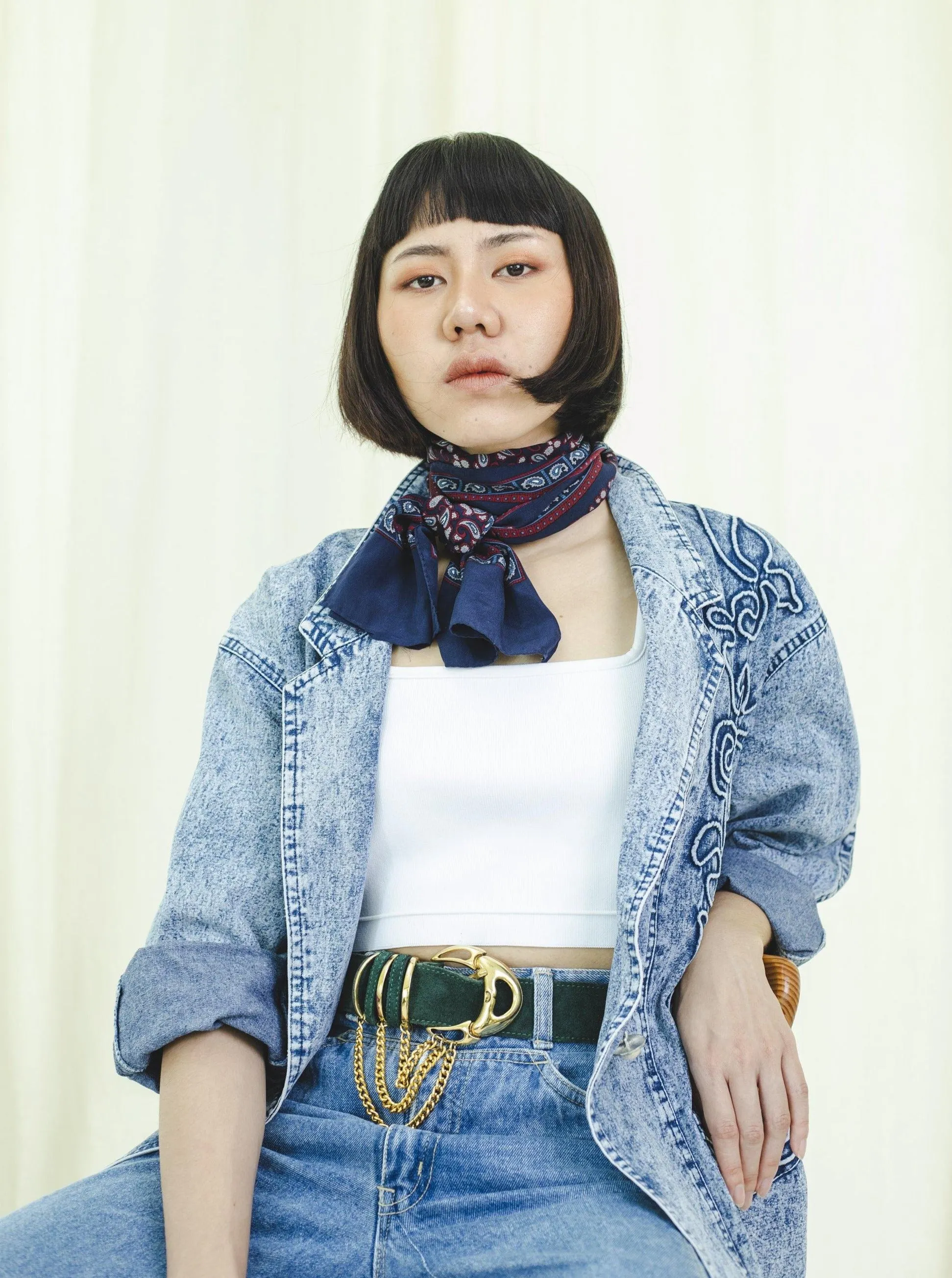 Embroidered Collared neck denim vintage jacket with patch pocket