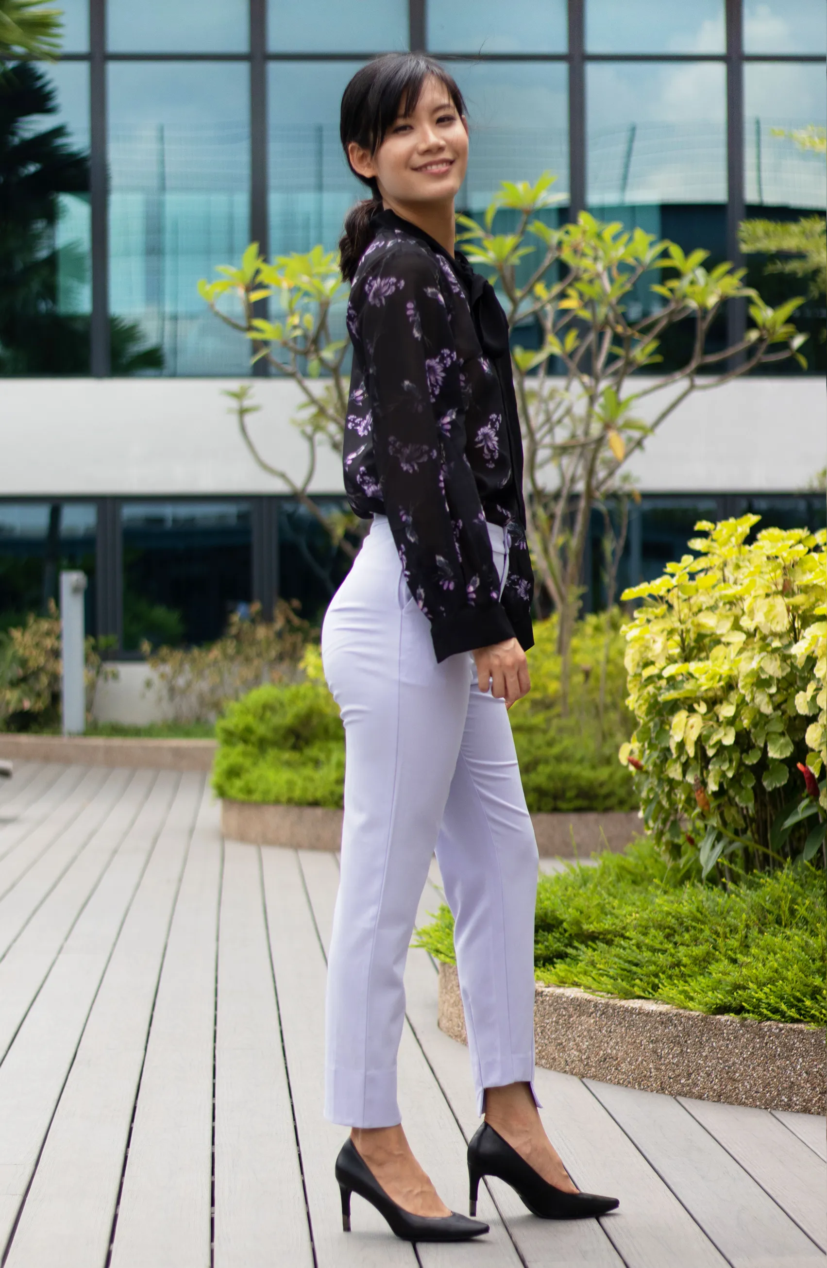 Evanca Black Lilac Floral Ruffle Work Blouse with Tie