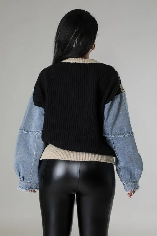 Everly Denim Sleeve Leopard Sweater