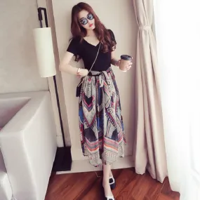 Floral Chiffon Printed V-Neck High Waist Mid-Length Skirt Slim-Look False Two-Piece Women Summer Skirt
