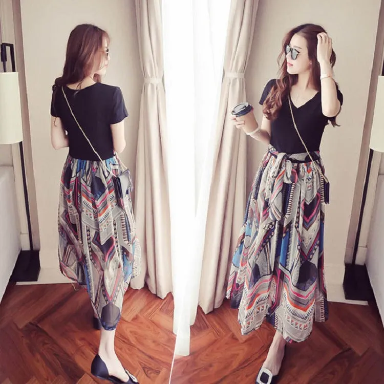 Floral Chiffon Printed V-Neck High Waist Mid-Length Skirt Slim-Look False Two-Piece Women Summer Skirt