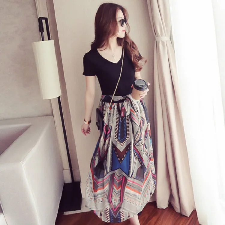 Floral Chiffon Printed V-Neck High Waist Mid-Length Skirt Slim-Look False Two-Piece Women Summer Skirt