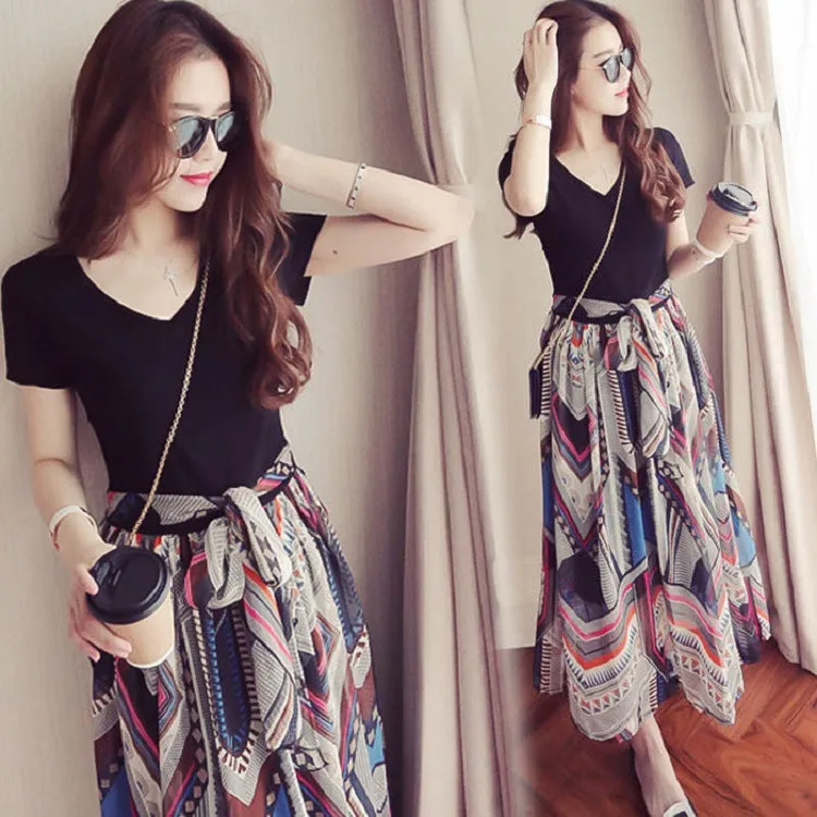 Floral Chiffon Printed V-Neck High Waist Mid-Length Skirt Slim-Look False Two-Piece Women Summer Skirt