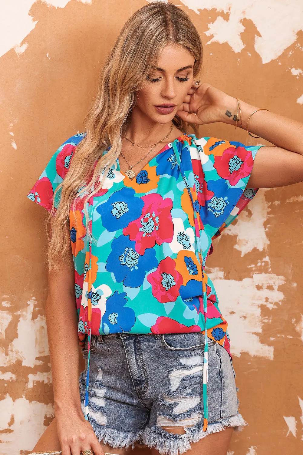 Floral Print V Neck Short Sleeve Blouse